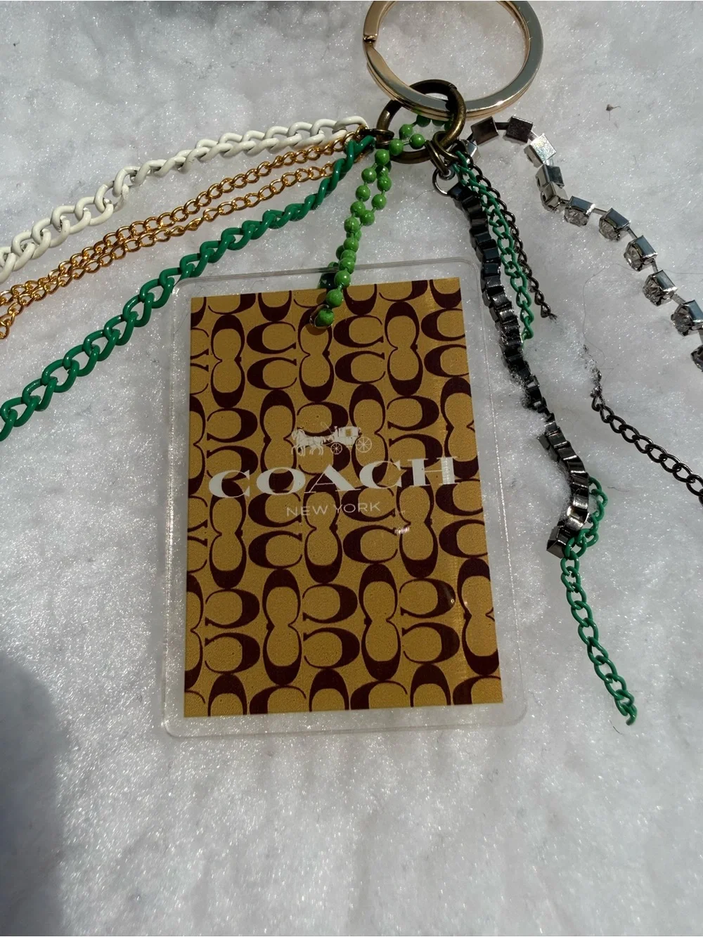 Coach White Pom-Pom Key & Card Holder with Gold and Green Accents